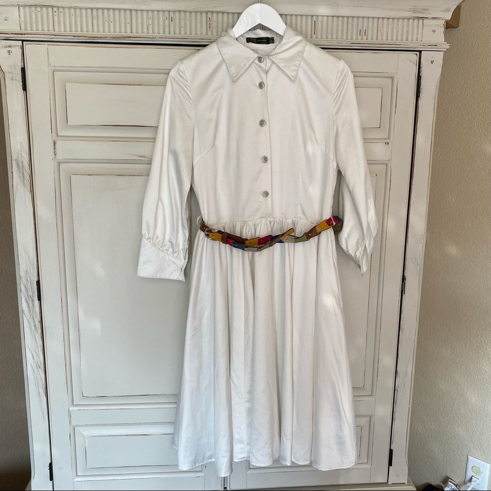 T S Three Seasons Retro White MIDI Dress Buttons Long Sleeve Rainbow Belt Retro